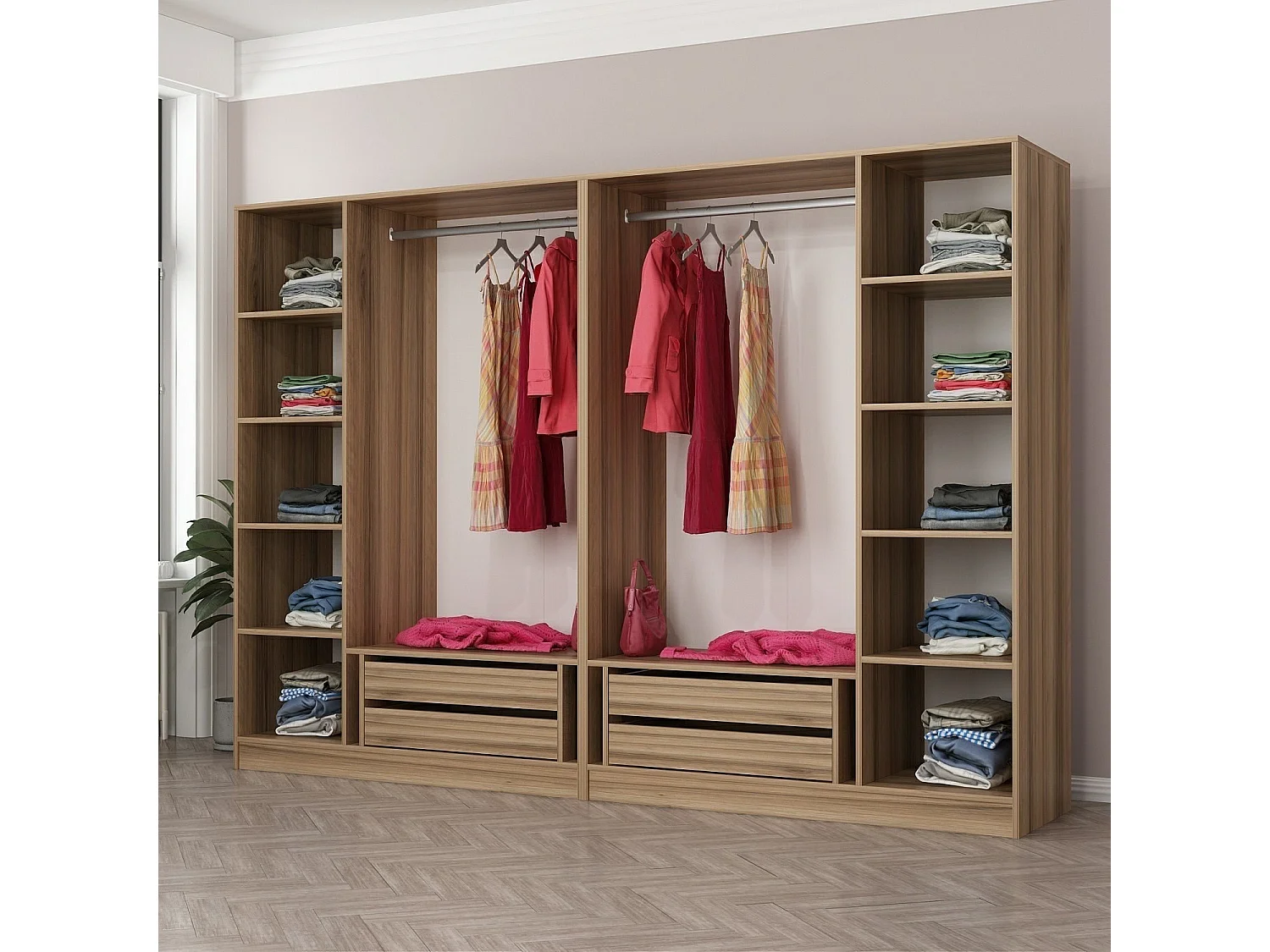 Armoire ouverte Antipax L270xH190cm 2 tringles et 4 tiroirs Bois clair