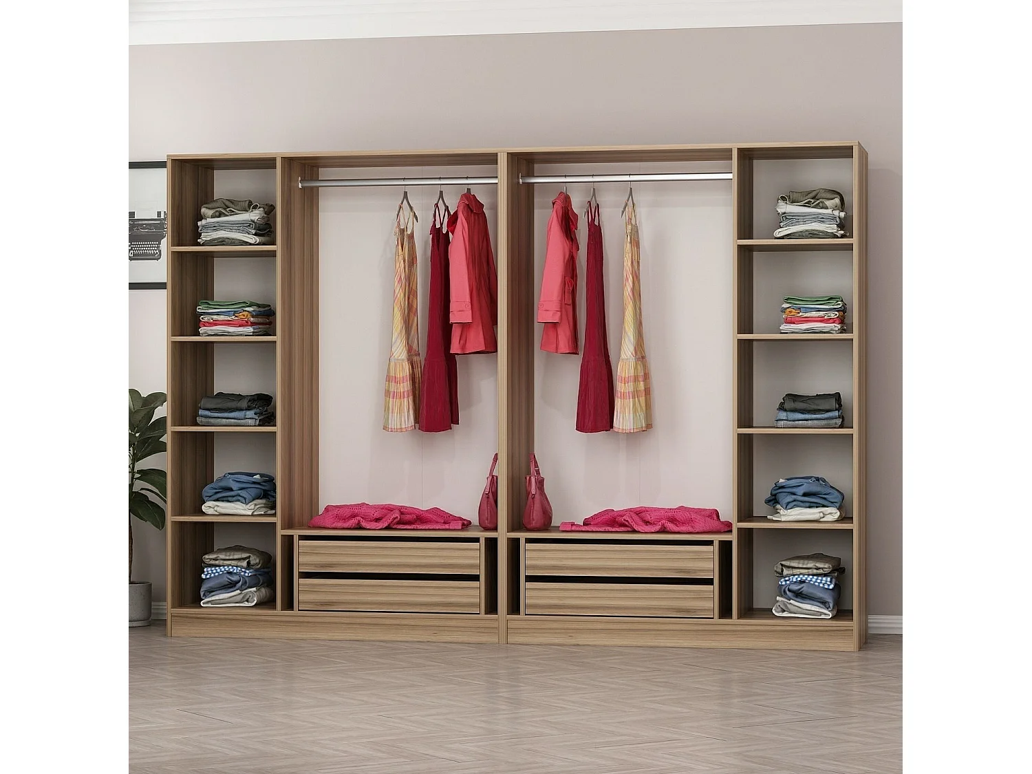 Armoire ouverte Antipax L270xH190cm 2 tringles et 4 tiroirs Bois clair