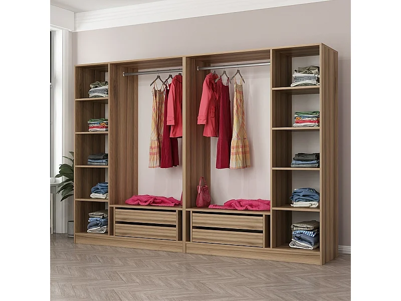 Armoire ouverte Antipax L270xH190cm 2 tringles et 4 tiroirs Bois clair