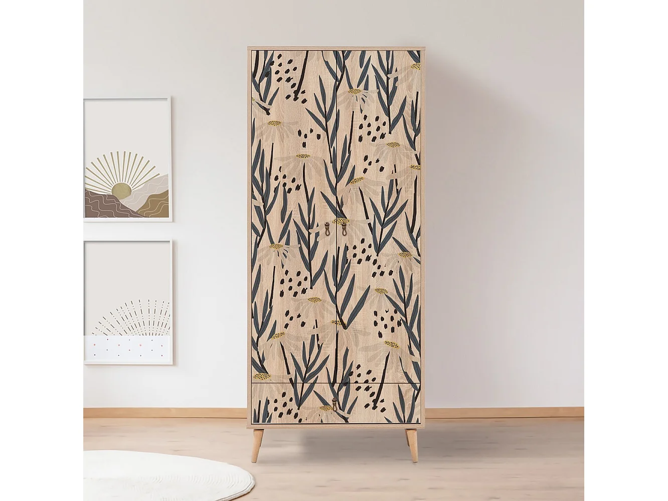 Armoire 2 portes et 1 tiroir Pertha L80cm Bois Motif Marguerite Blanc, Jaune et Noir