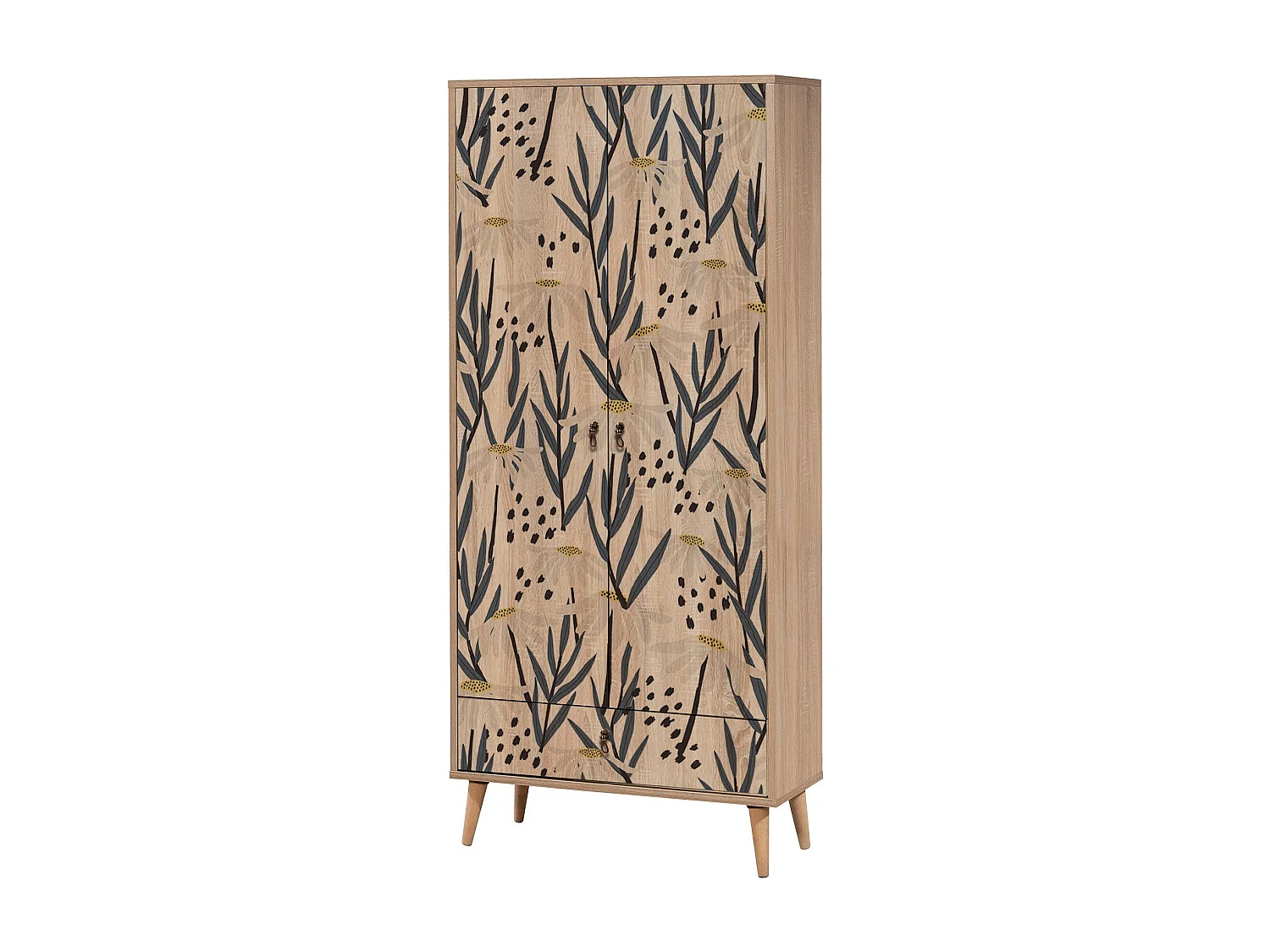 Armoire 2 portes et 1 tiroir Pertha L80cm Bois Motif Marguerite Blanc, Jaune et Noir