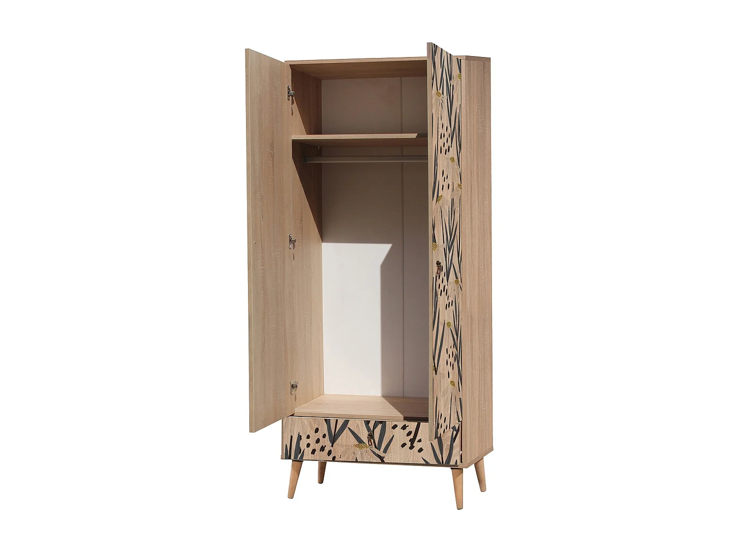 Armoire 2 portes et 1 tiroir Pertha L80cm Bois Motif Marguerite Blanc, Jaune et Noir