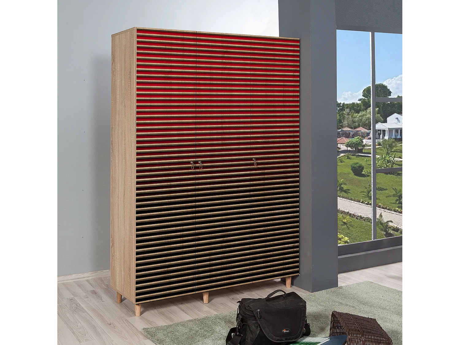 Armoire penderie 3 portes Infigo 135cm Bois Naturel Motif Rayures dégradé Noir et Rouge