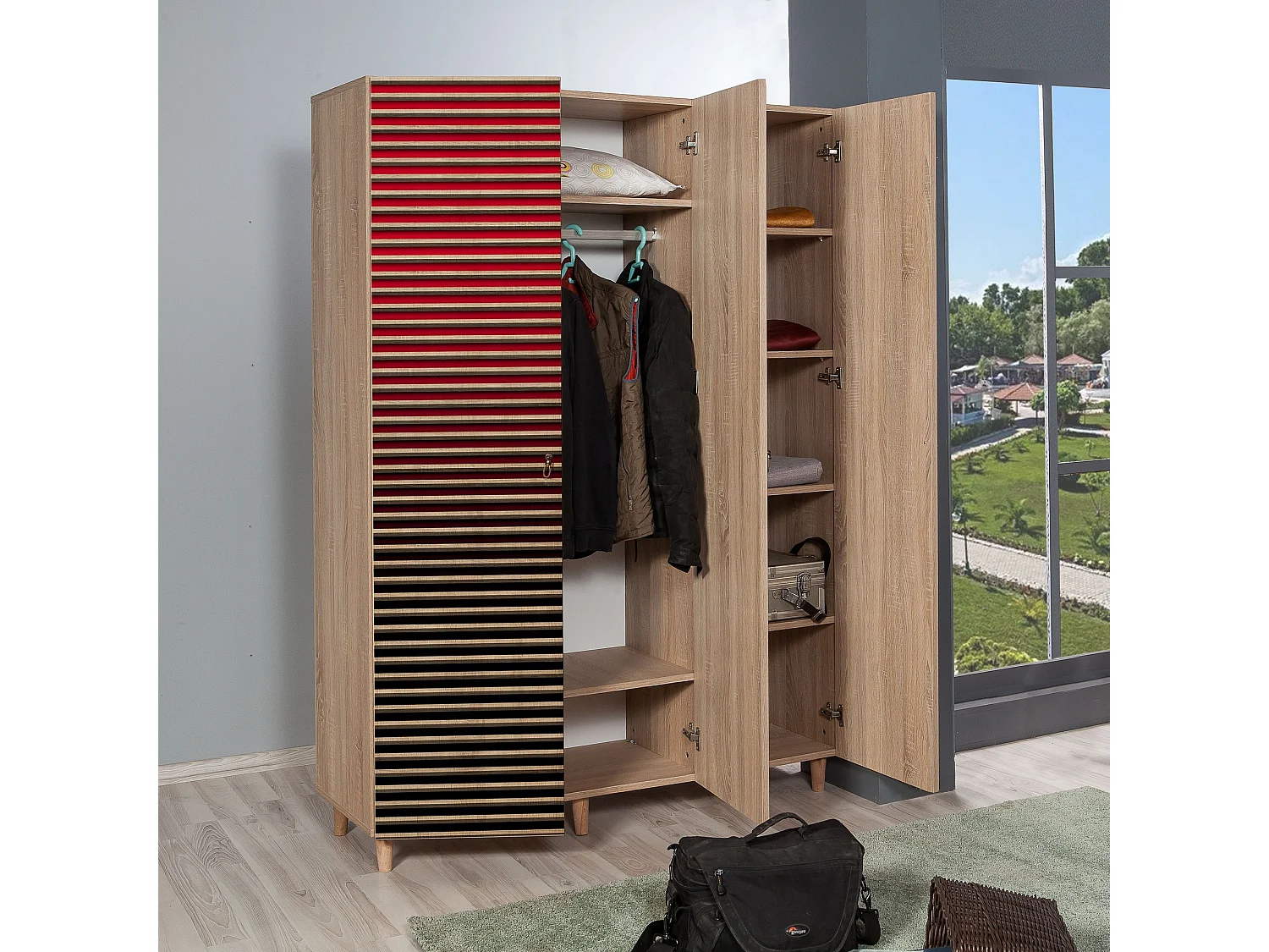 Armoire penderie 3 portes Infigo 135cm Bois Naturel Motif Rayures dégradé Noir et Rouge