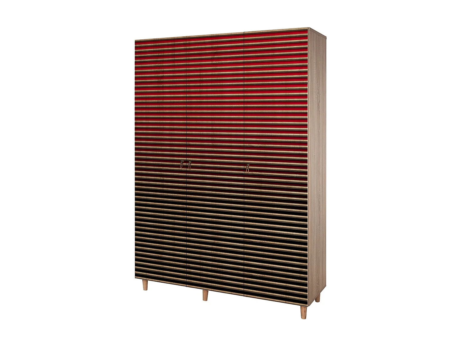 Armoire penderie 3 portes Infigo 135cm Bois Naturel Motif Rayures dégradé Noir et Rouge