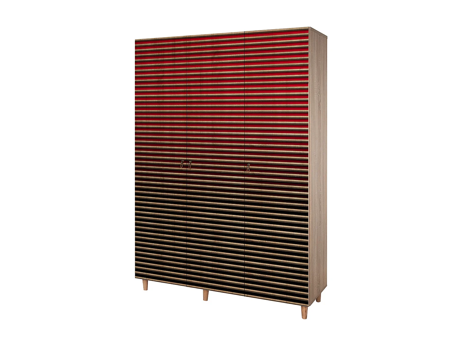 Armoire penderie 3 portes Infigo 135cm Bois Naturel Motif Rayures dégradé Noir et Rouge