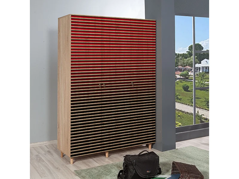 Armoire penderie 3 portes Infigo 135cm Bois Naturel Motif Rayures dégradé Noir et Rouge