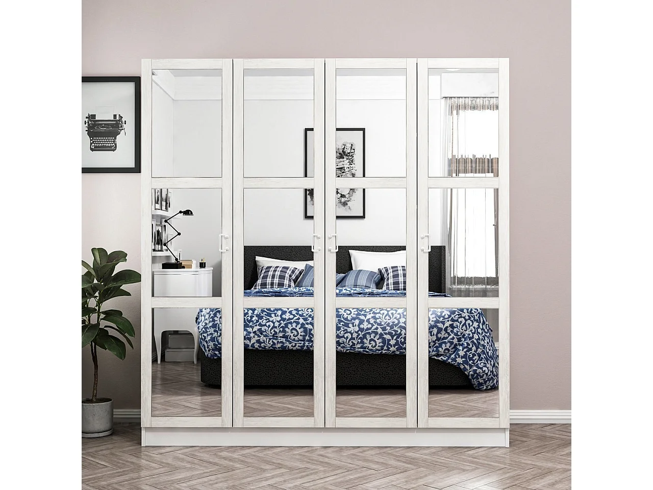Armoire 4 portes et 12 miroirs Parai L180xH190cm Blanc
