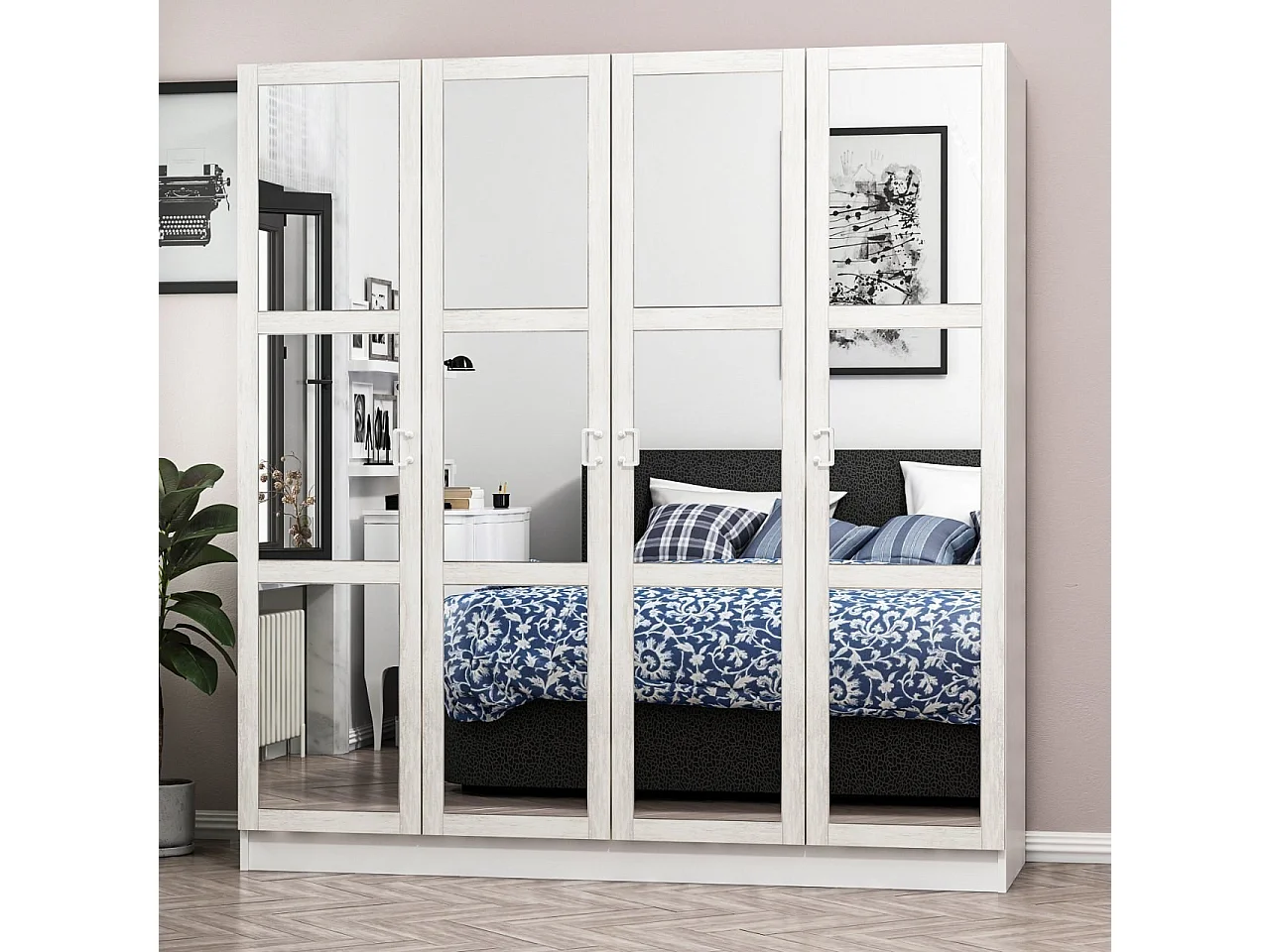 Armoire 4 portes et 12 miroirs Parai L180xH190cm Blanc