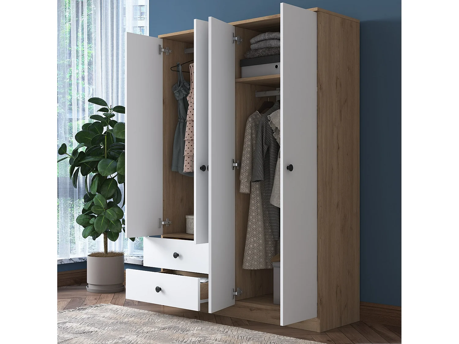 Roupeiro Escandinavo Valhalla - Design Moderno em Nogueira e Branco - 120x170x42.5cm