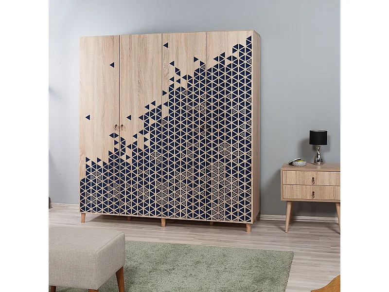 Armoire penderie 4 portes Infigo 180cm Bois Naturel Motif Bleu marine