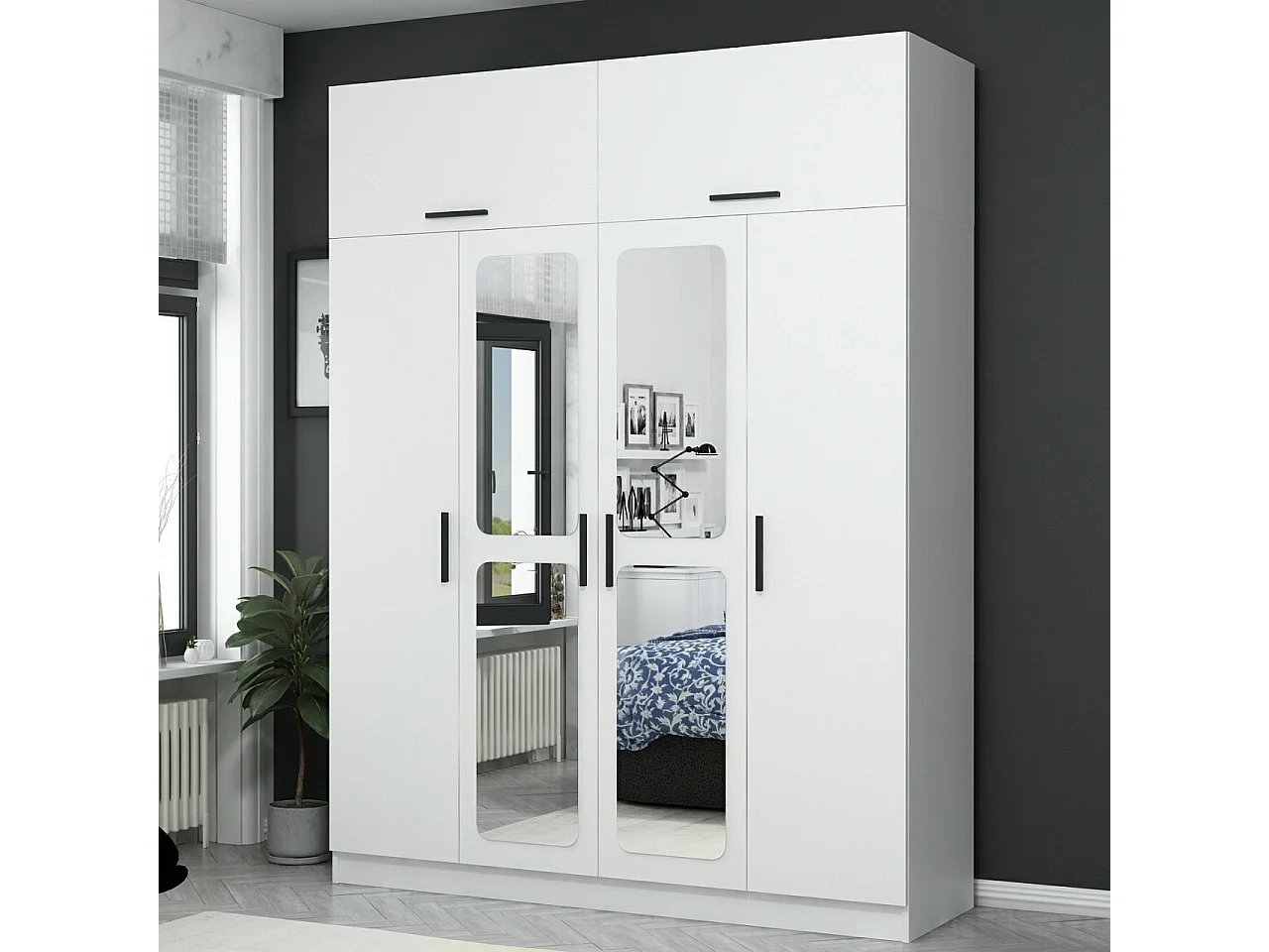Armoire 6 portes et 4 miroirs Sanur L180xH255cm Blanc