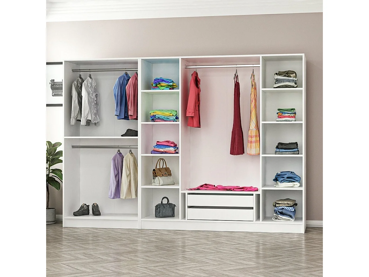 Armoire 6 portes et 12 miroirs Bangka L270xH190cm Bois clair et Blanc