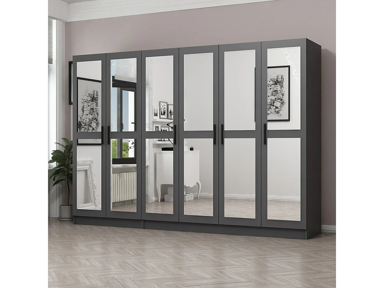 Armoire 6 portes et 12 miroirs Sanur L270xH190cm Anthracite