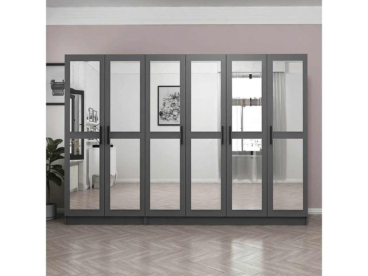 Armoire 6 portes et 12 miroirs Sanur L270xH190cm Anthracite