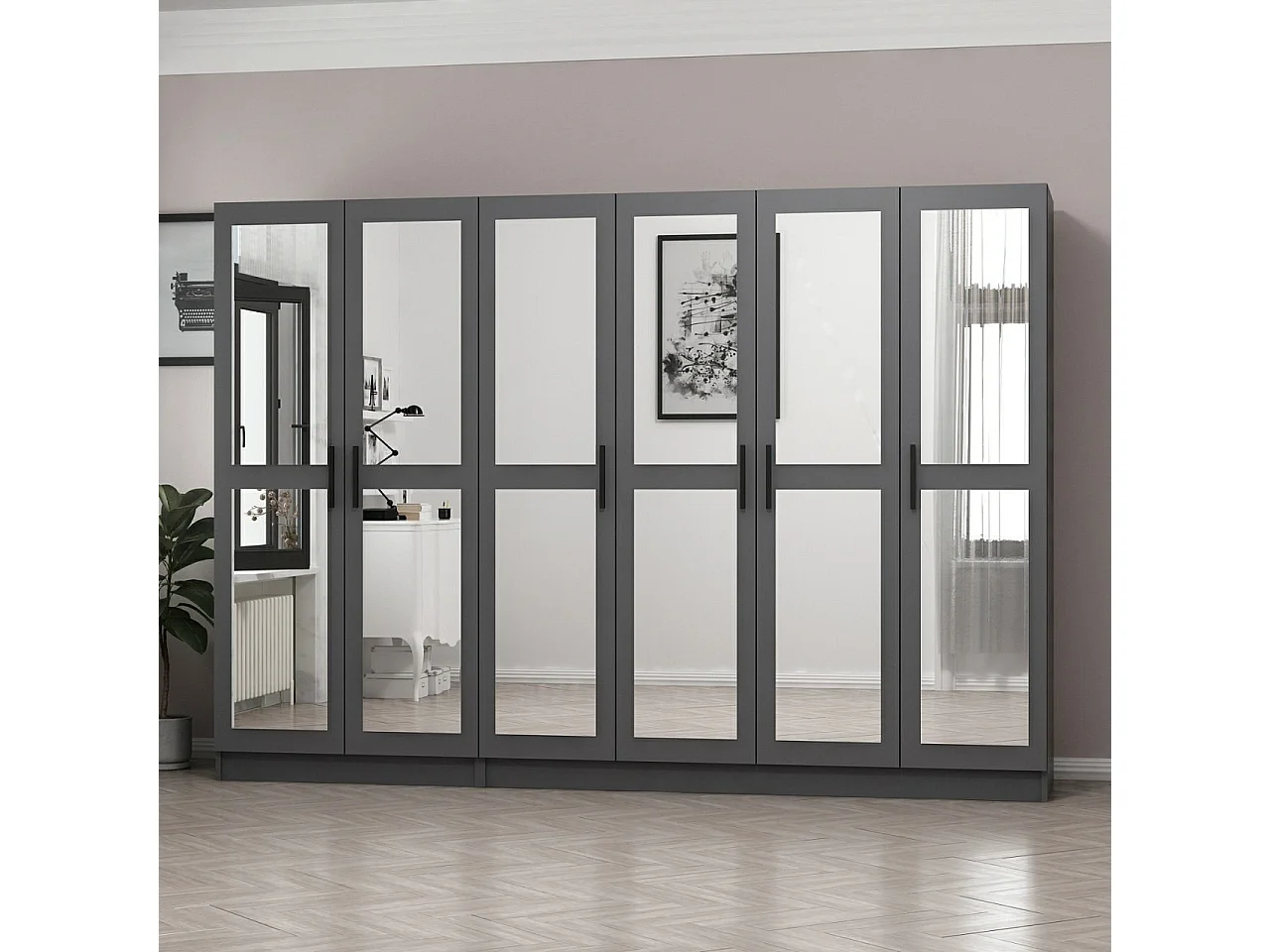 Armoire 6 portes et 12 miroirs Sanur L270xH190cm Anthracite