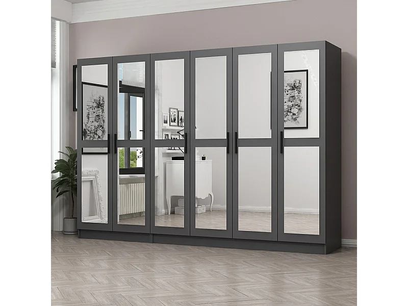 Armoire 6 portes et 12 miroirs Sanur L270xH190cm Anthracite