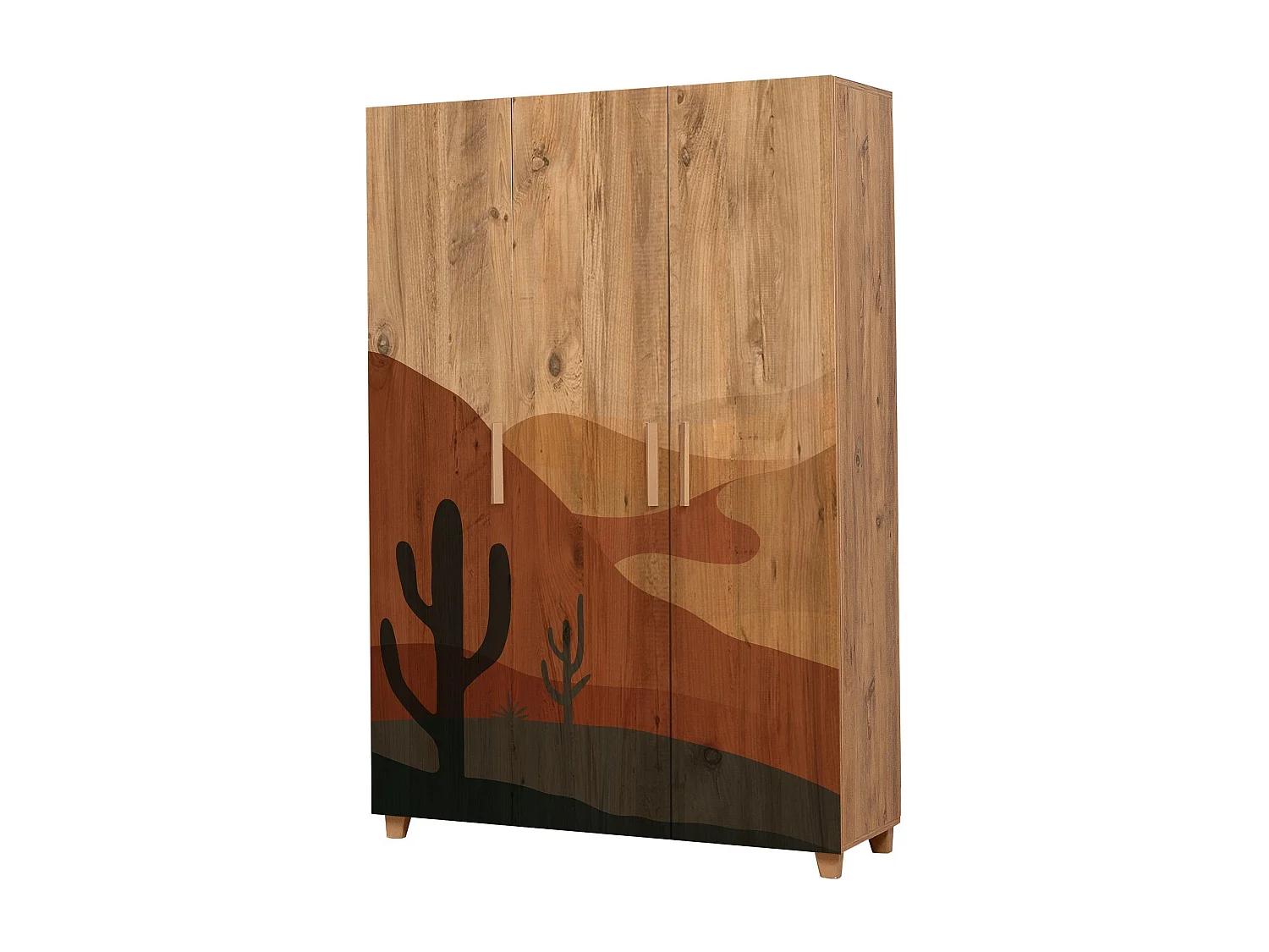 Armoire 3 portes Perth L120cm Bois clair Motif Désert Noir, Gris et Marron