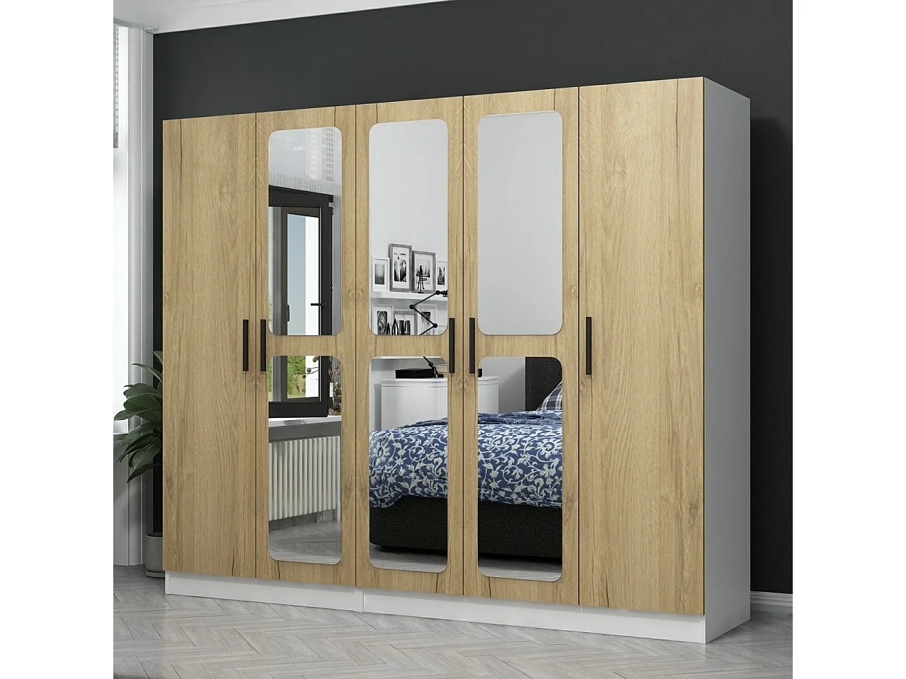 Armoire 5 portes et 6 miroirs Bangka L225xH190cm Bois clair et Blanc