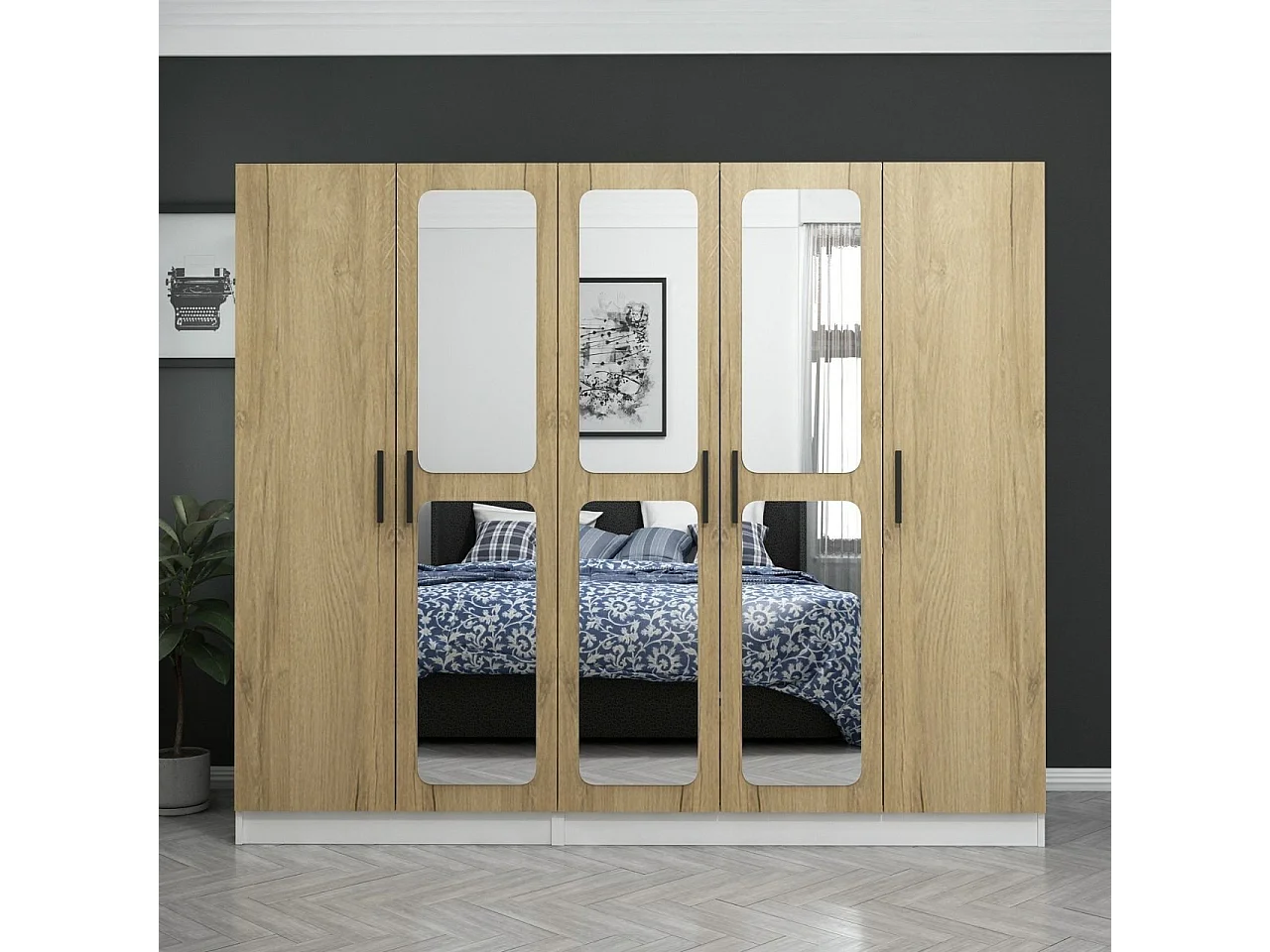 Armoire 5 portes et 6 miroirs Bangka L225xH190cm Bois clair et Blanc