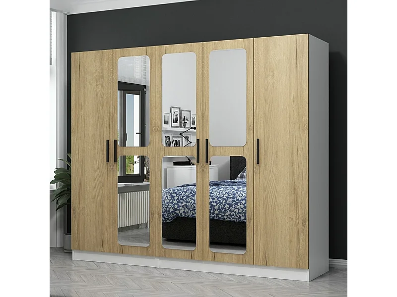 Armoire 5 portes et 6 miroirs Bangka L225xH190cm Bois clair et Blanc