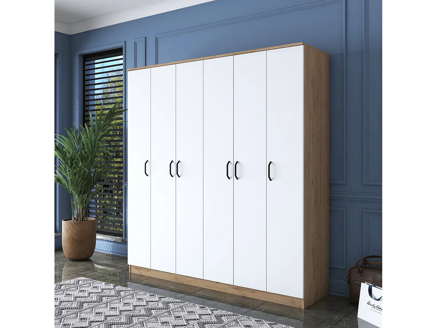 Roupeiro Odin com 6 Portas em Nogueira e Branco - Ideal para Organizar o Seu Quarto