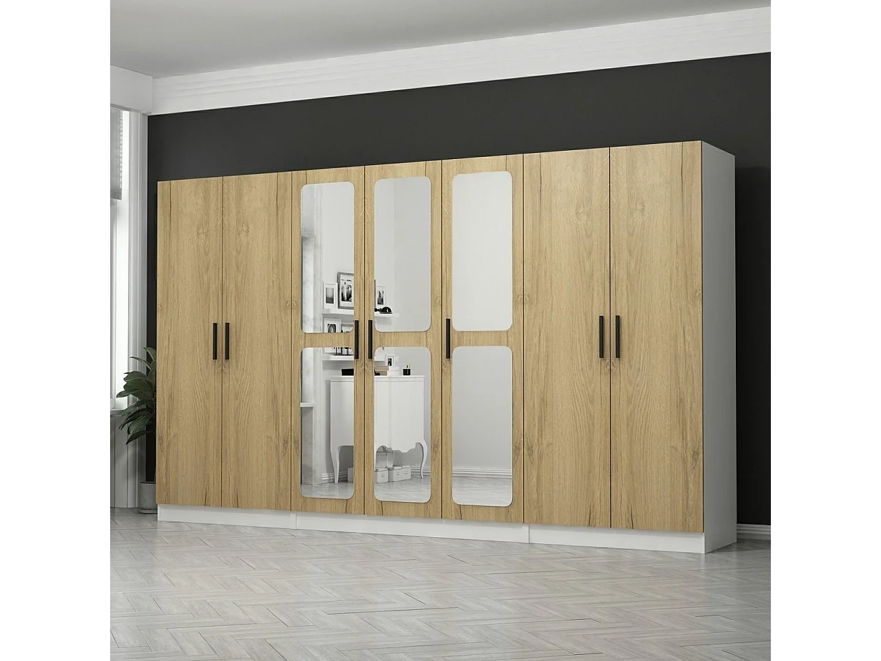 Armoires 7 portes et 6 miroirs Bangka L315xH190cm Bois clair et Blanc