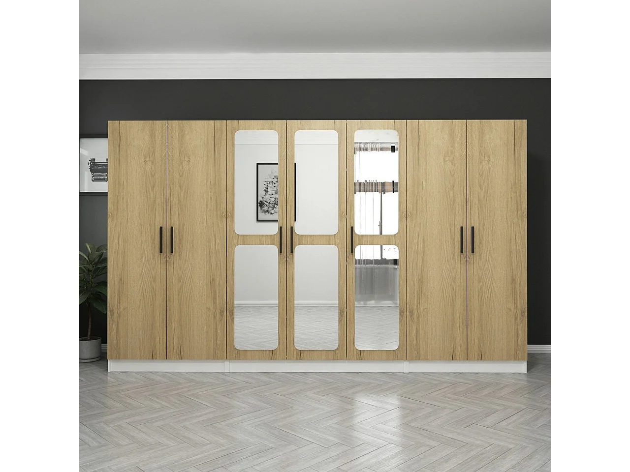 Armoires 7 portes et 6 miroirs Bangka L315xH190cm Bois clair et Blanc