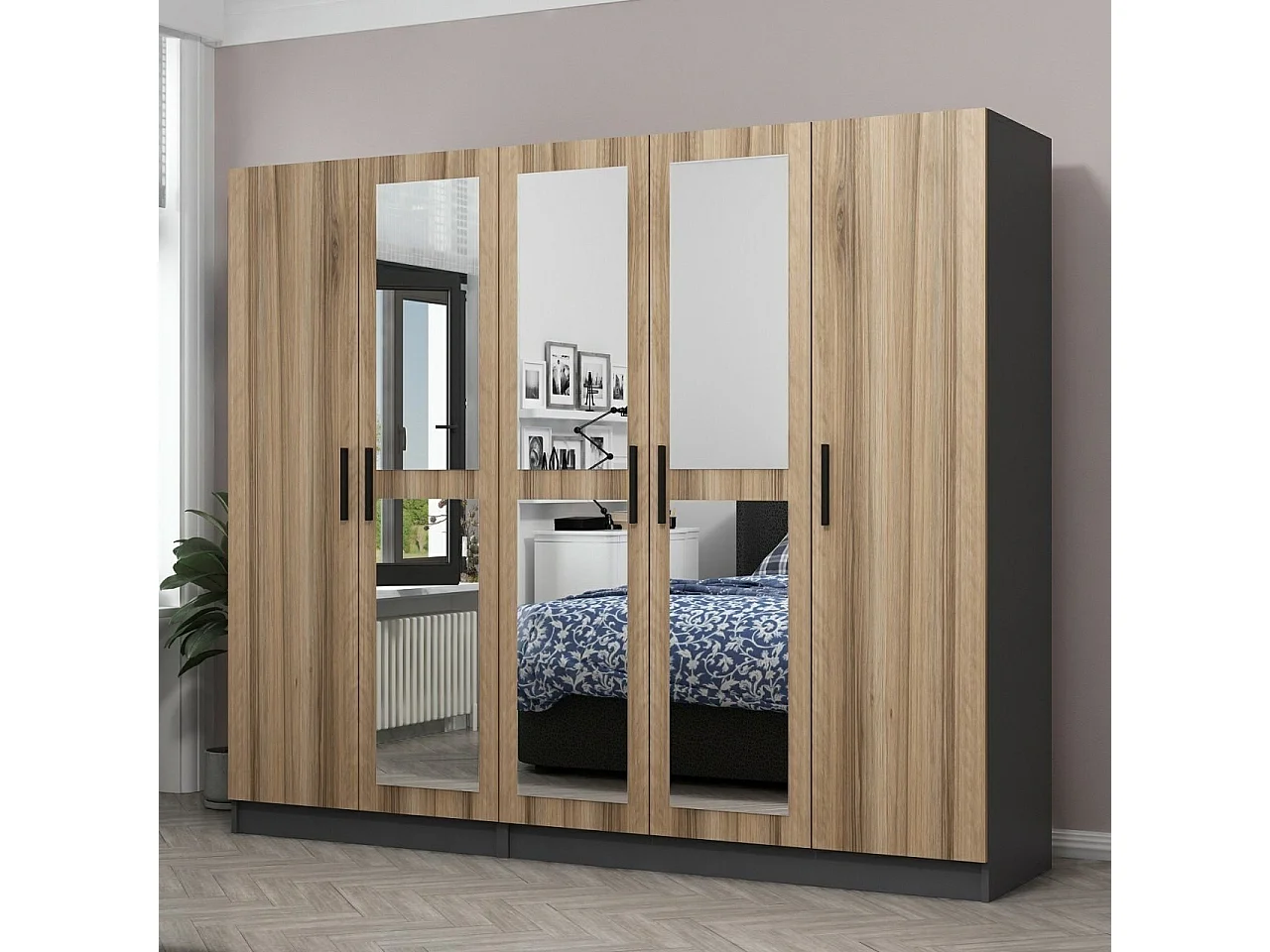 Armoires 5 portes et 6 miroirs Sanur L225xH210cm Bois clair et Antracite