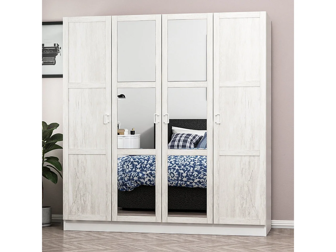 Armoire 4 portes et 6 miroirs Parai L180xH190cm Blanc