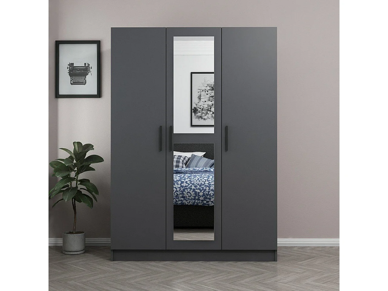 Armoire 3 portes et 2 miroirs Sanur L135xH190cm Anthracite et Blanc