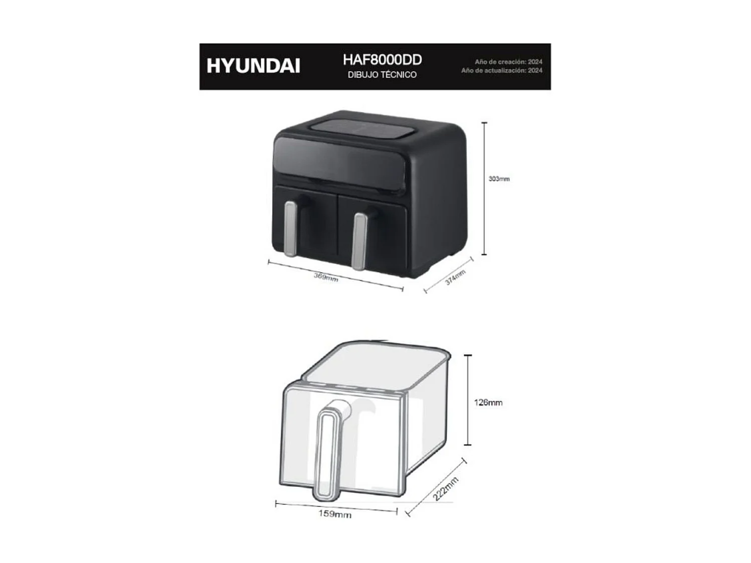 Freidora de aire Hyundai HAF8000DD 2400W 8L 2 cestas 8 programas negro