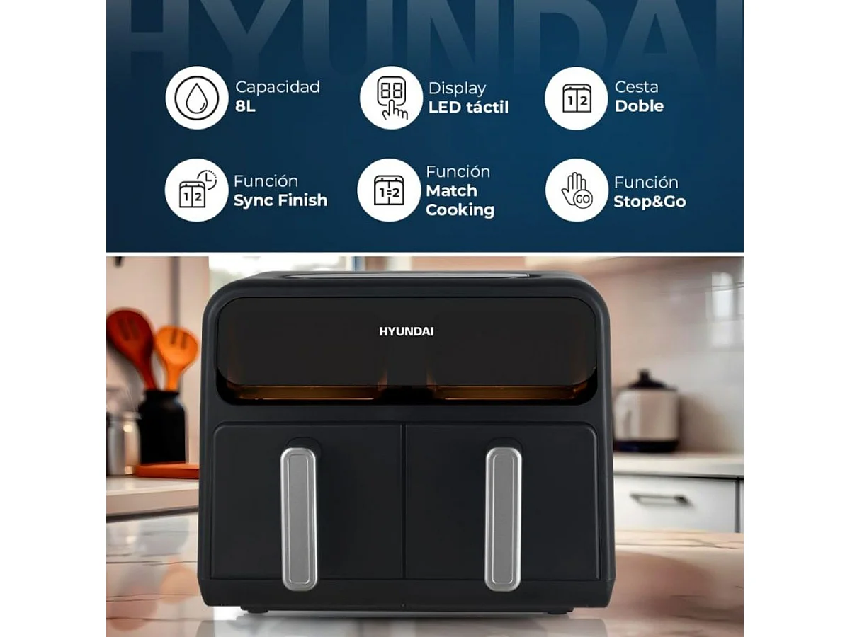 Freidora de aire Hyundai HAF8000DD 2400W 8L 2 cestas 8 programas negro