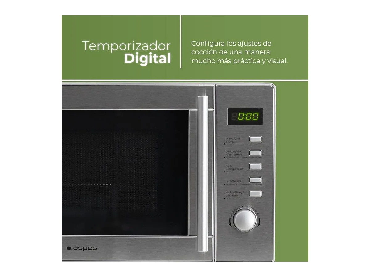 Microondas Aspes AMW2700DGX 1000W 20L con grill 8 programas inox