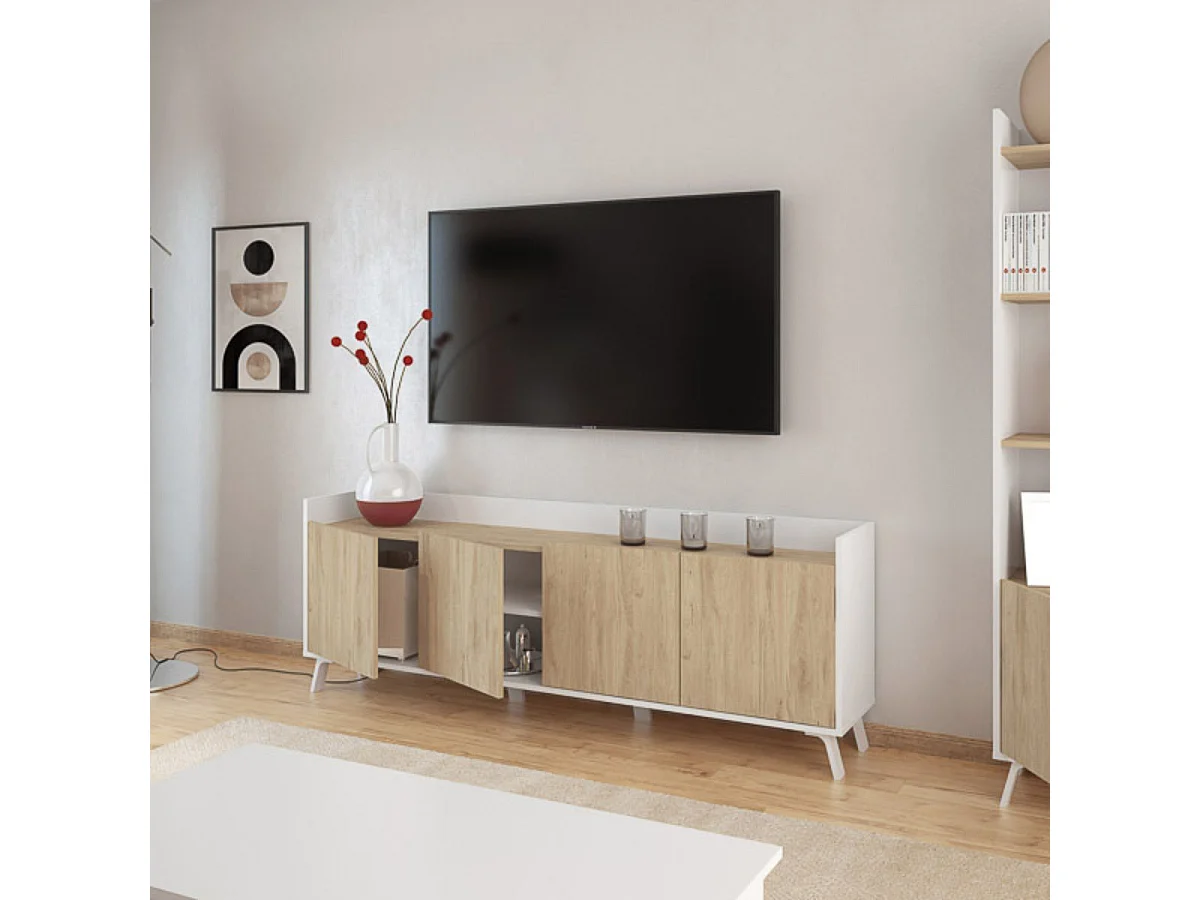 Mueble de TV Philip 4 puertas blanco/roble 63,4x180x33,5 cm