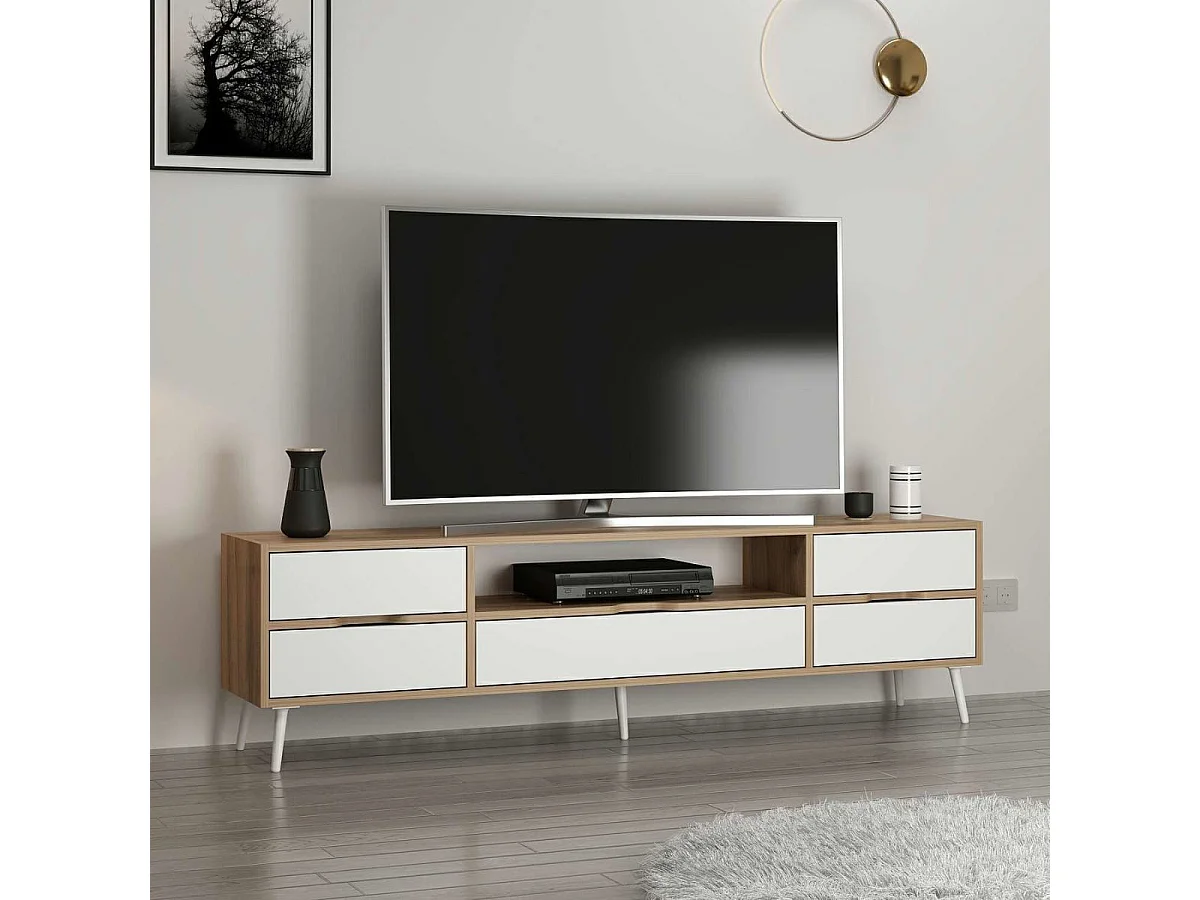 Mueble de TV Elina 4 cajones + 2 puertas blanco/beige 90x180x45 cm