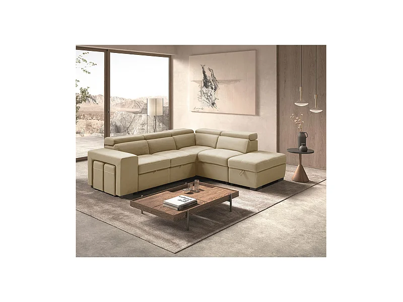 NERA - Canapé d'Angle Droit Convertible avec 2 Poufs et 1 Coffre Beige