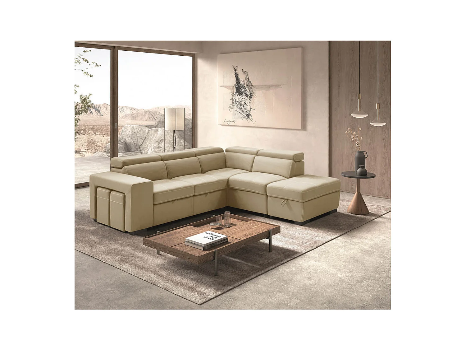 NERA - Canapé d'Angle Droit Convertible avec 2 Poufs et 1 Coffre Beige