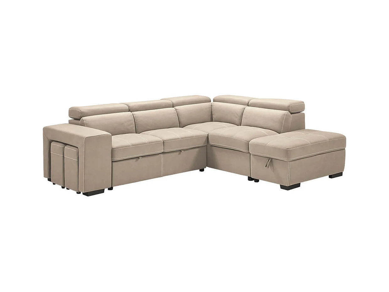 NERA - Canapé d'Angle Droit Convertible avec 2 Poufs et 1 Coffre Beige