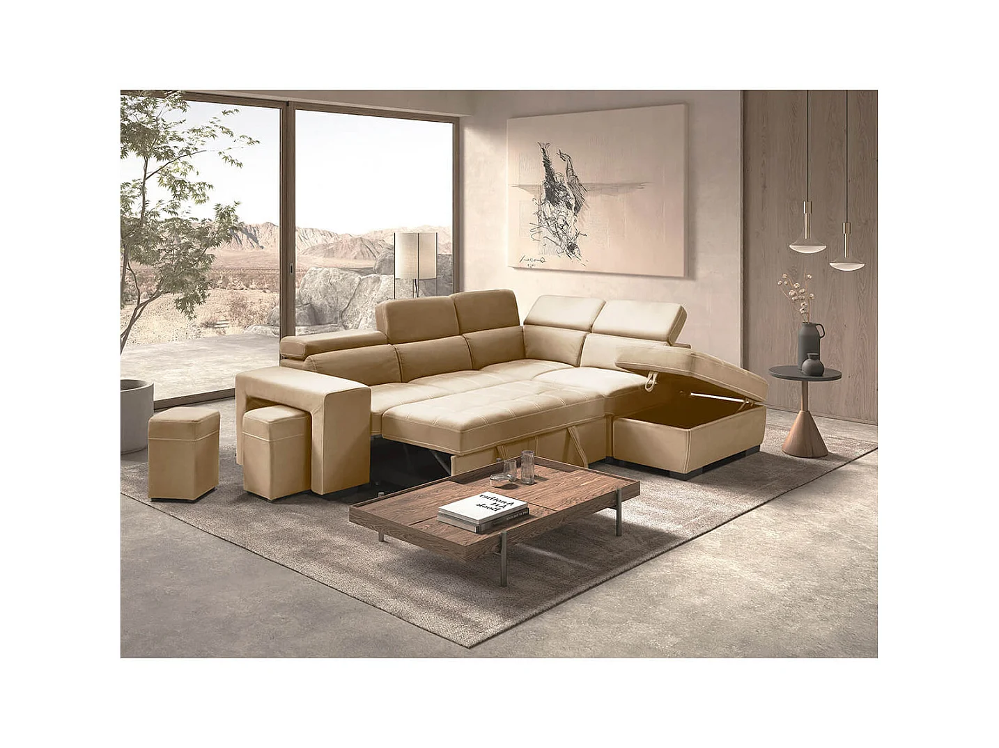 NERA - Canapé d'Angle Droit Convertible avec 2 Poufs et 1 Coffre Beige