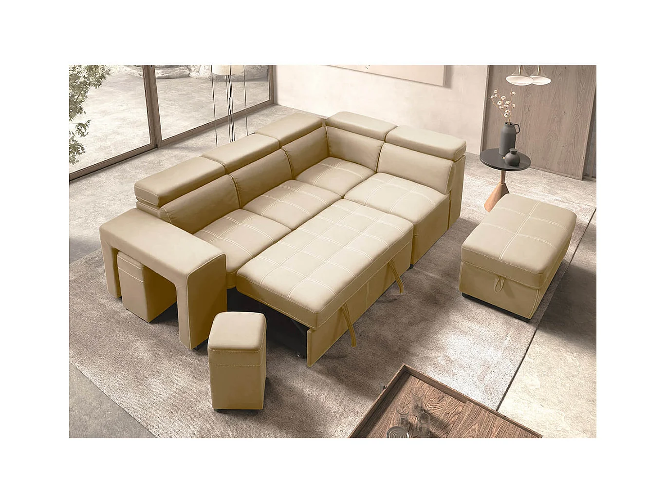 NERA - Canapé d'Angle Droit Convertible avec 2 Poufs et 1 Coffre Beige