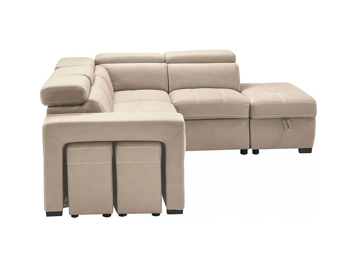 NERA - Canapé d'Angle Droit Convertible avec 2 Poufs et 1 Coffre Beige