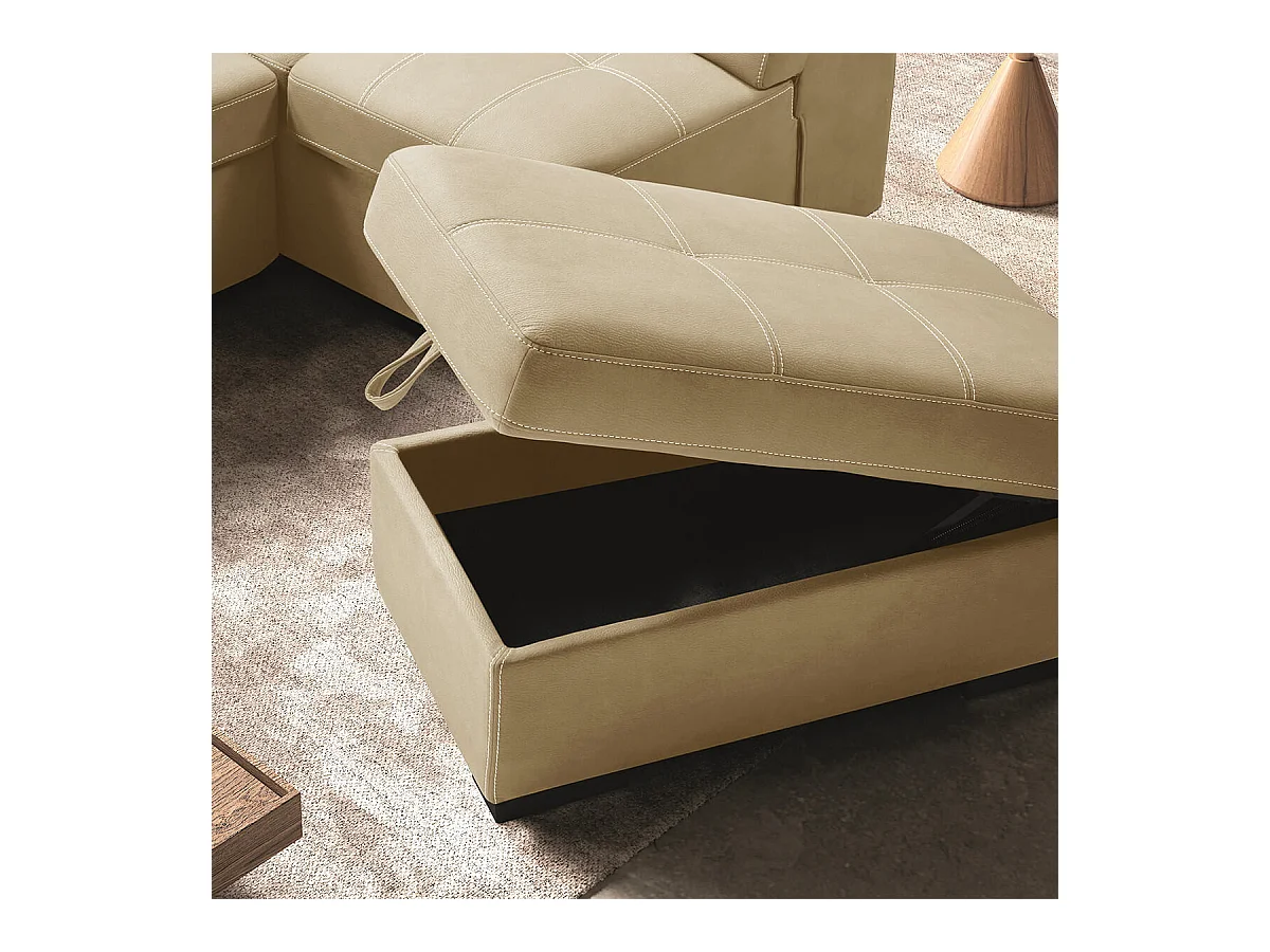 NERA - Canapé d'Angle Droit Convertible avec 2 Poufs et 1 Coffre Beige