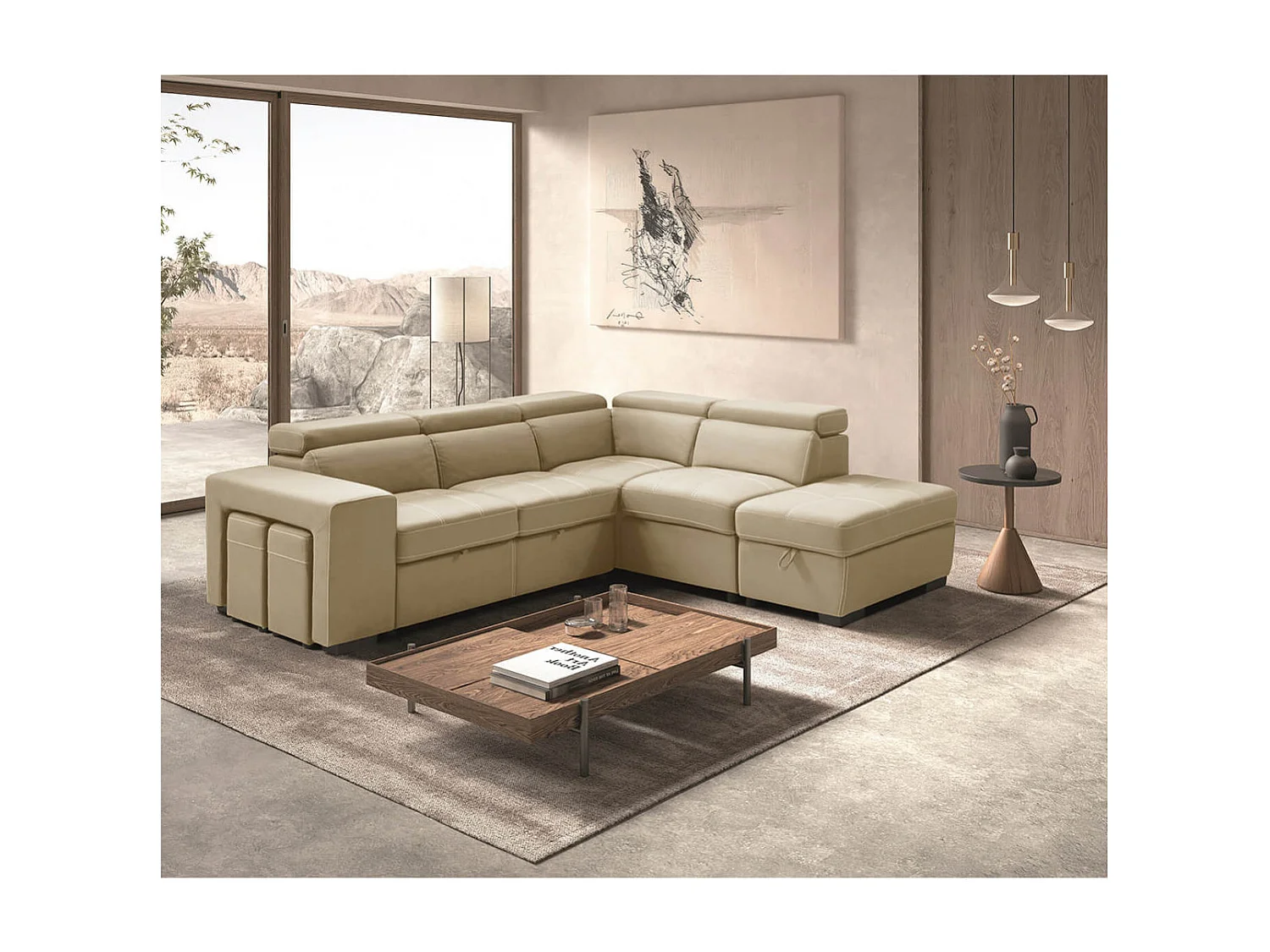 NERA - Canapé d'Angle Droit Convertible avec 2 Poufs et 1 Coffre Beige