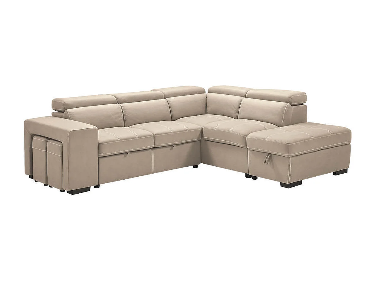 NERA - Canapé d'Angle Droit Convertible avec 2 Poufs et 1 Coffre Beige