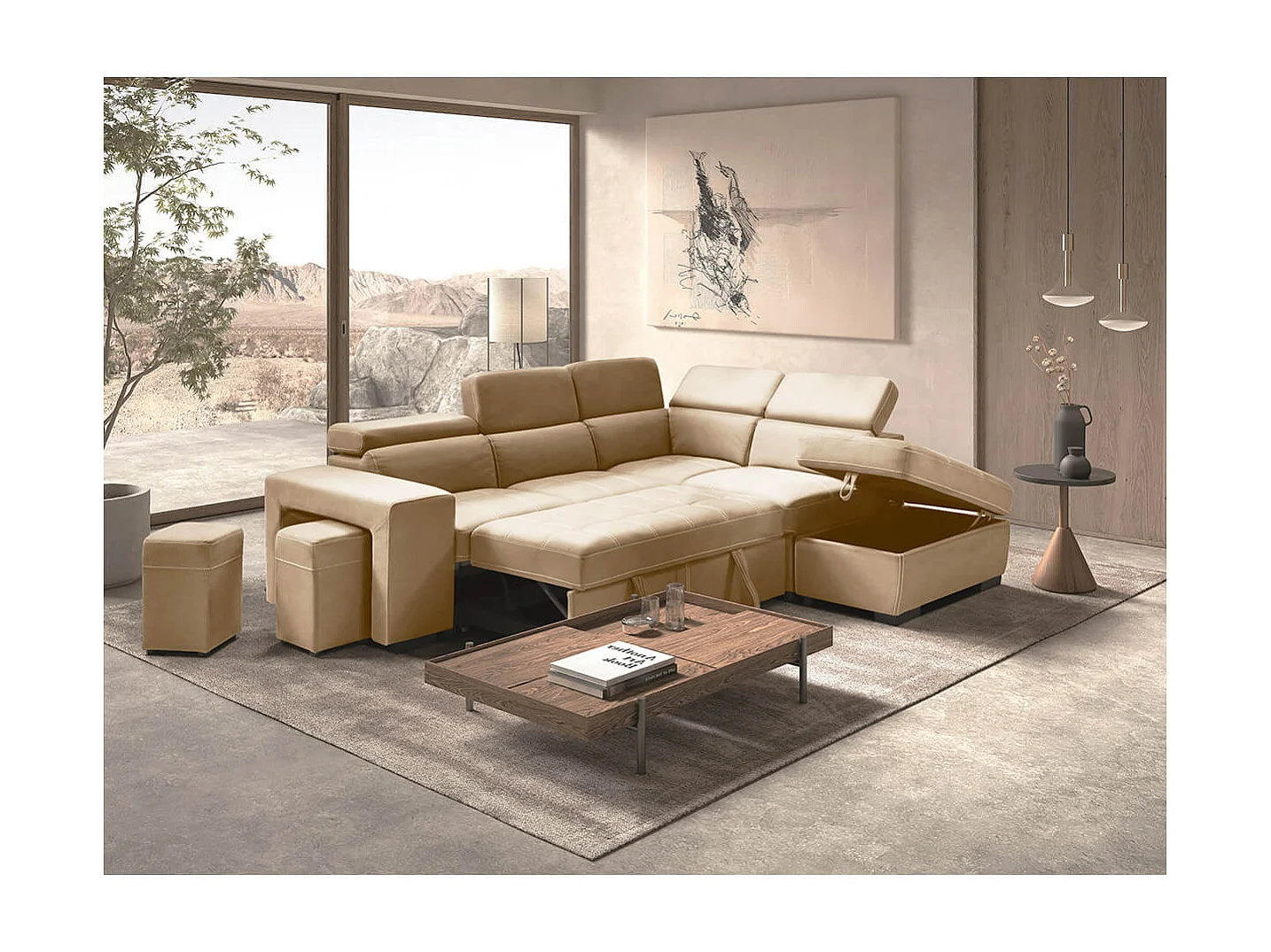 NERA - Canapé d'Angle Droit Convertible avec 2 Poufs et 1 Coffre Beige