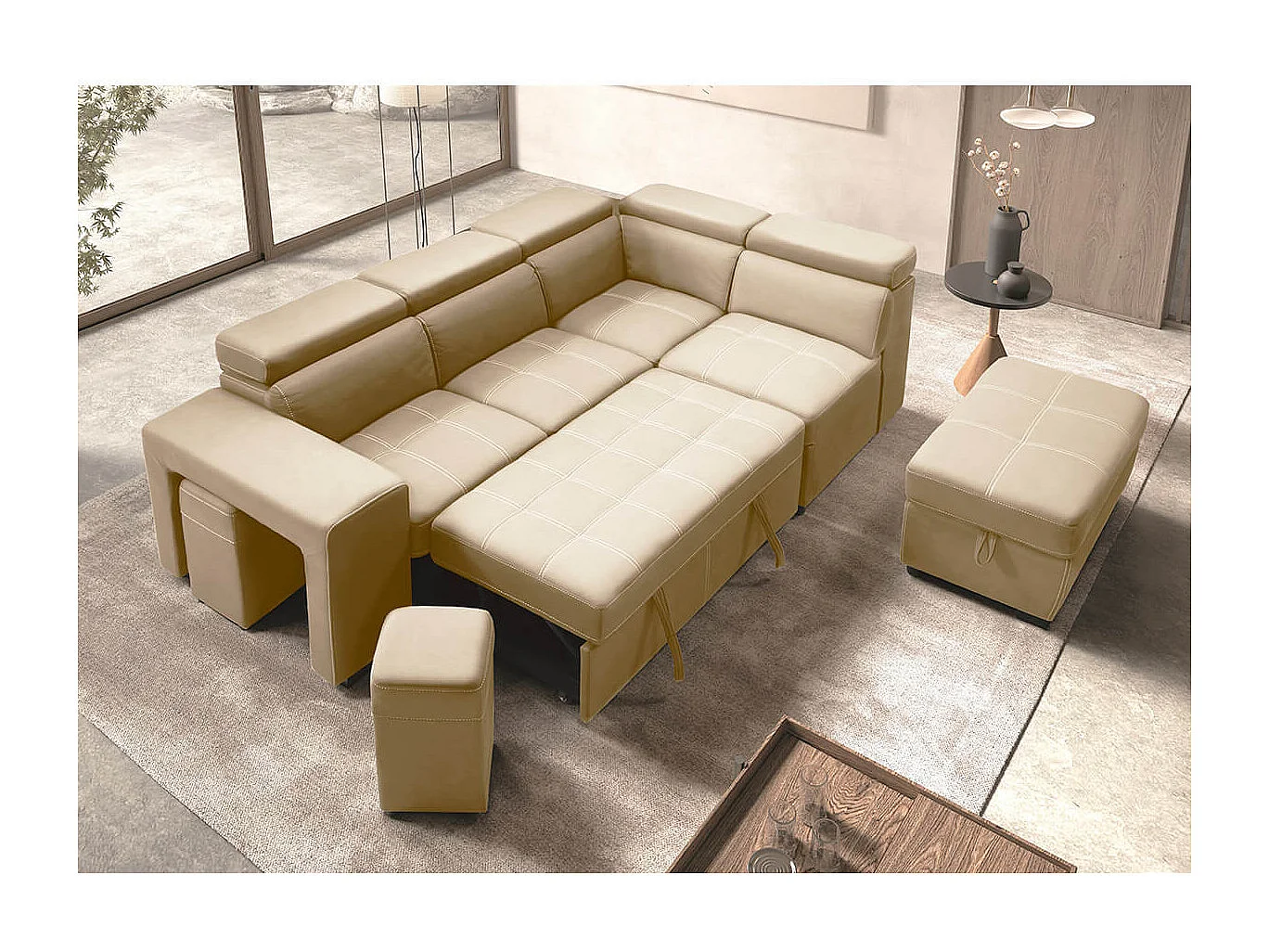NERA - Canapé d'Angle Droit Convertible avec 2 Poufs et 1 Coffre Beige