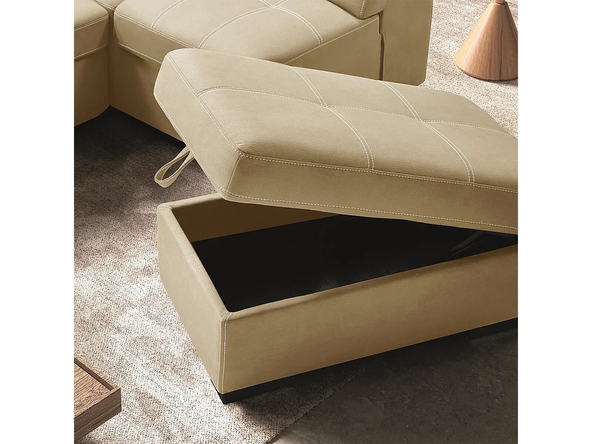 NERA - Canapé d'Angle Droit Convertible avec 2 Poufs et 1 Coffre Beige