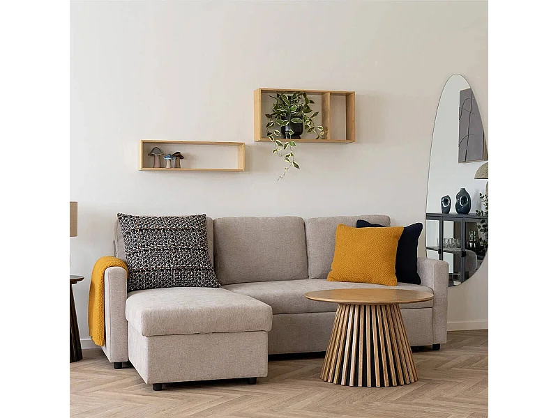 SAREK - Canapé Convertible Méridienne-coffre Réversible en Tissu Beige