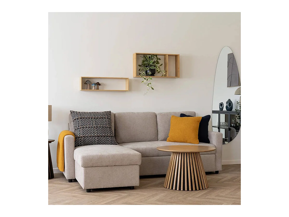 SAREK - Canapé Convertible Méridienne-coffre Réversible en Tissu Beige